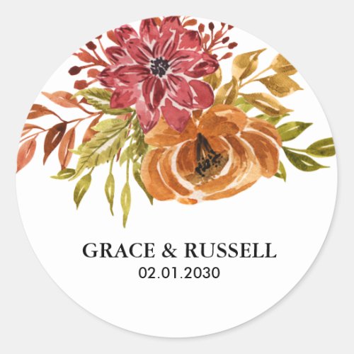Elegant Rustic Fall Floral Wedding Classic Round Sticker