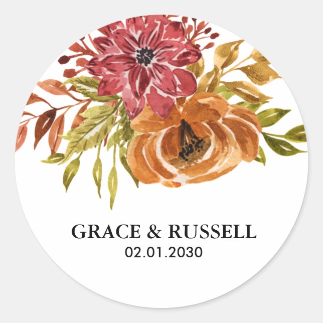 Elegant Rustic Fall Floral Wedding Classic Round Sticker (Front)