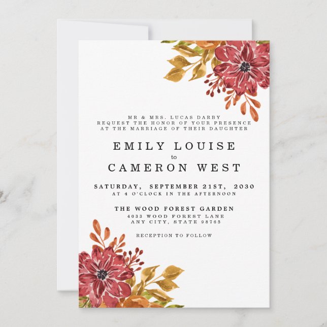 Elegant Rustic Fall Floral Wedding Invitation (Front)