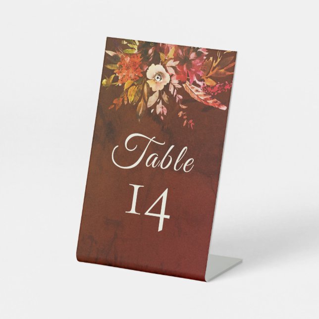 Elegant Rustic Fall Floral Wedding Table Number Pedestal Sign (Front)