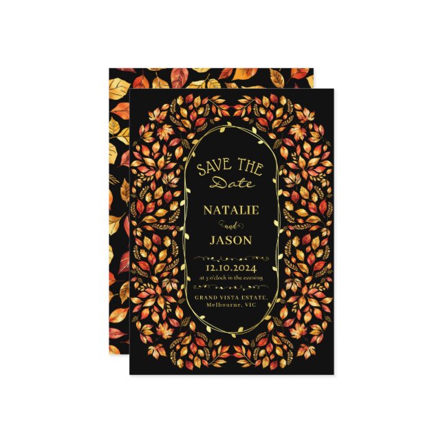 Elegant Rustic Fall Leaves Boho Wedding Save The Date (Front/Back In Situ)