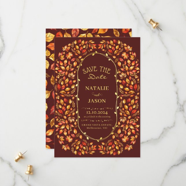 Elegant Rustic Fall Leaves Boho Wedding Save The Date (Front/Back In Situ)