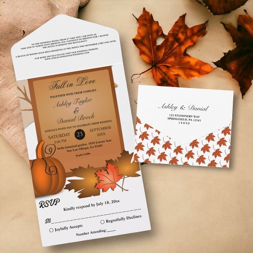 Elegant Rustic Fall Leaves Pumpkin Autumn Wedding All In One Invitation