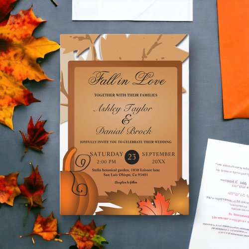 Elegant Rustic Fall Leaves Pumpkin Autumn Wedding Invitation