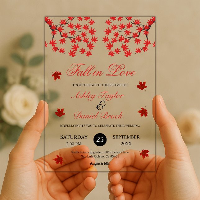 Elegant Rustic Fall Red Leaves Boho Autumn Wedding Acrylic Invitations (Creator Uploaded)