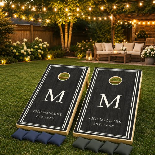 Elegant Rustic Farmhouse BlackWood Family Monogram Cornhole Set