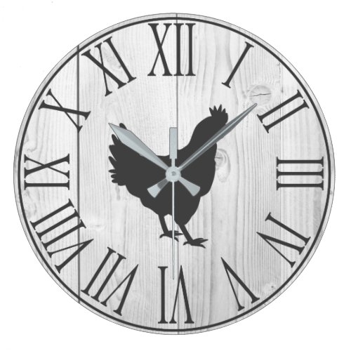 Elegant Rustic Farmhouse Faux White Wood &amp; Hen Large Clock