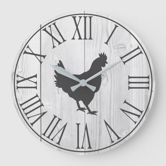 Elegant Rustic Farmhouse Faux White Wood & Hen Large Clock (Front)