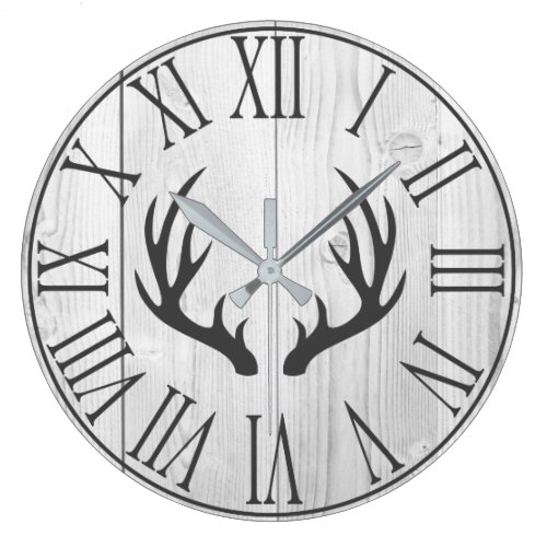Elegant Rustic Faux White Wood &amp; Deer Antlers Large Clock