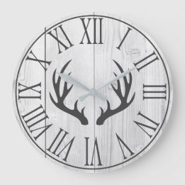 Elegant Rustic Faux White Wood & Deer Antlers Large Clock