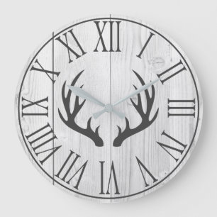 Elegant Rustic Faux White Wood & Deer Antlers Large Clock