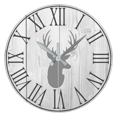 Elegant Rustic Faux White Wood & Gray Deer Large Clock