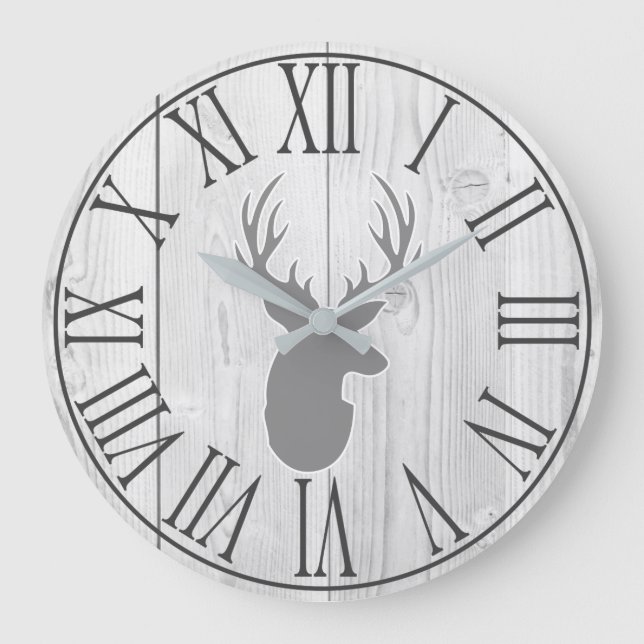 Elegant Rustic Faux White Wood & Gray Deer Large Clock (Front)