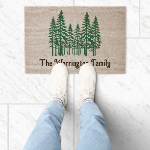 Elegant Rustic Fir Trees Family Name Fiber Doormat