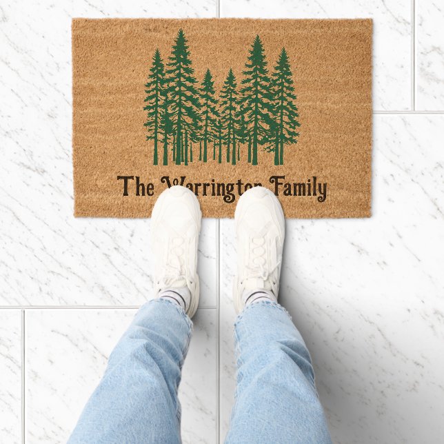 Elegant Rustic Fir Trees Family Name Fiber Doormat (Insitu)