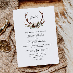 Elegant Rustic Floral Antlers Wedding Invitation