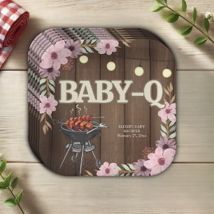 Elegant Rustic Floral Baby-Q Grill Baby Shower Paper Plates