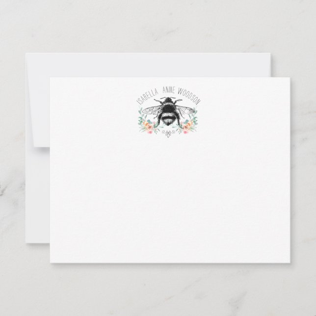 Elegant Rustic Floral Bee Note Card (Front)