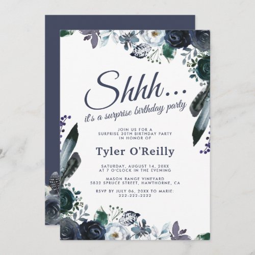 Elegant Rustic Floral Blue Surprise Birthday Party Invitation - Elegant surprise birthday party invitations featuring a classic white background that can be changed to any color, a boho blue watercolor floral display, and a modern birthday celebration template.