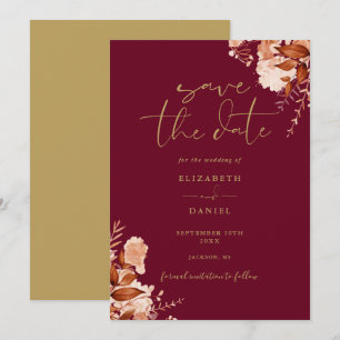 Elegant Rustic Floral Burgundy And Gold Wedding Save The Date