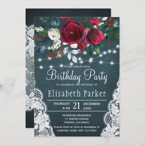 Elegant rustic floral burgundy birthday party invitation