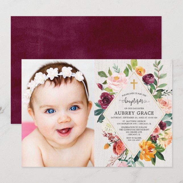 Elegant rustic floral fall foliage baptism photo invitation (Front/Back)