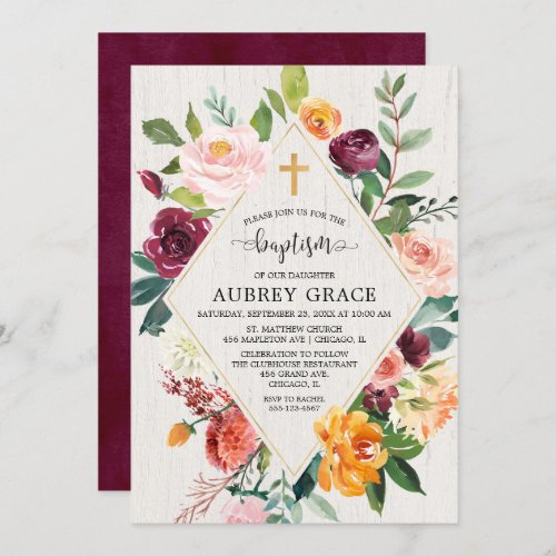 Elegant rustic floral fall watercolor baptism invitation