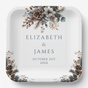 Elegant Rustic Floral Forest Pinecones Wedding Paper Plates