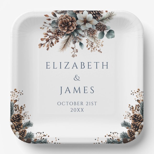 Elegant Rustic Floral Forest Pinecones Wedding Paper Plates (Front)