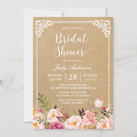 Elegant Rustic Floral Frame Kraft | Bridal Shower Invitation