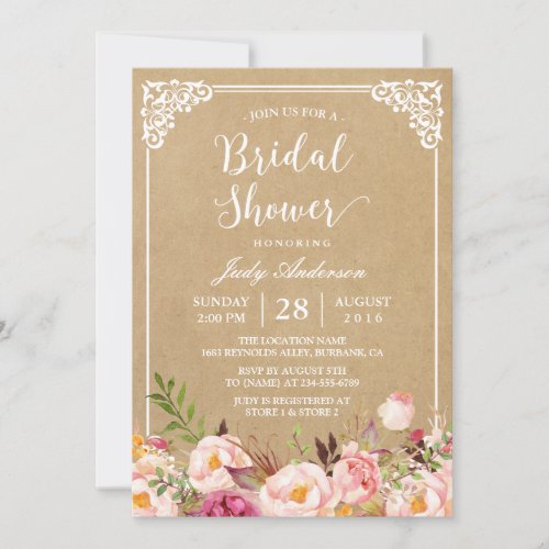 Elegant Rustic Floral Frame Kraft | Bridal Shower Card