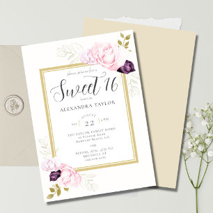 Elegant Rustic Floral Frame Roses Gold Sweet 16 Invitation
