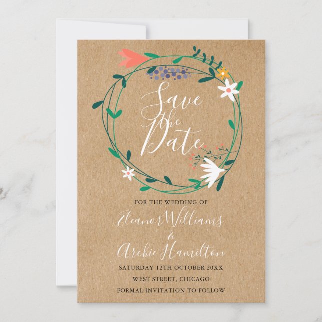 Elegant Rustic Floral Garland  Save the Date (Front)