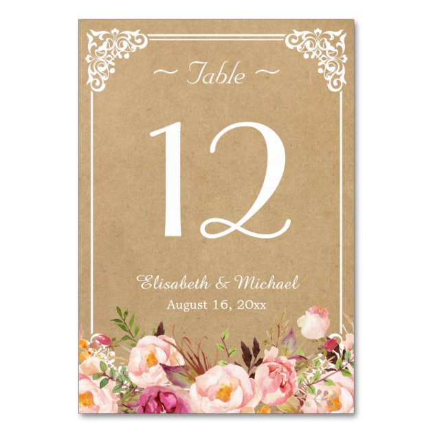 Elegant Rustic Floral Kraft Wedding Table Number Card