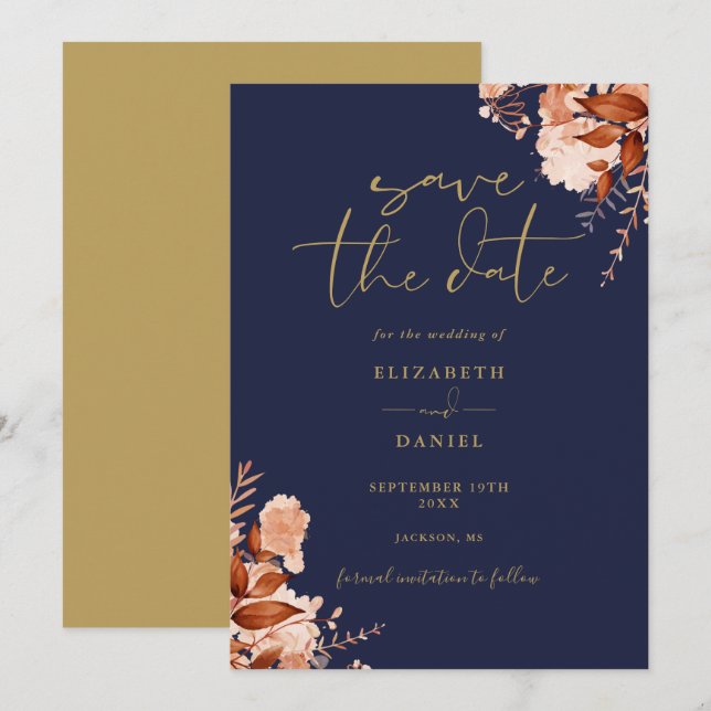 Elegant Rustic Floral Navy Blue And Gold Wedding Save The Date (Front/Back)