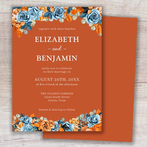 Elegant Rustic Floral Navy Rust Terracota Wedding Invitation