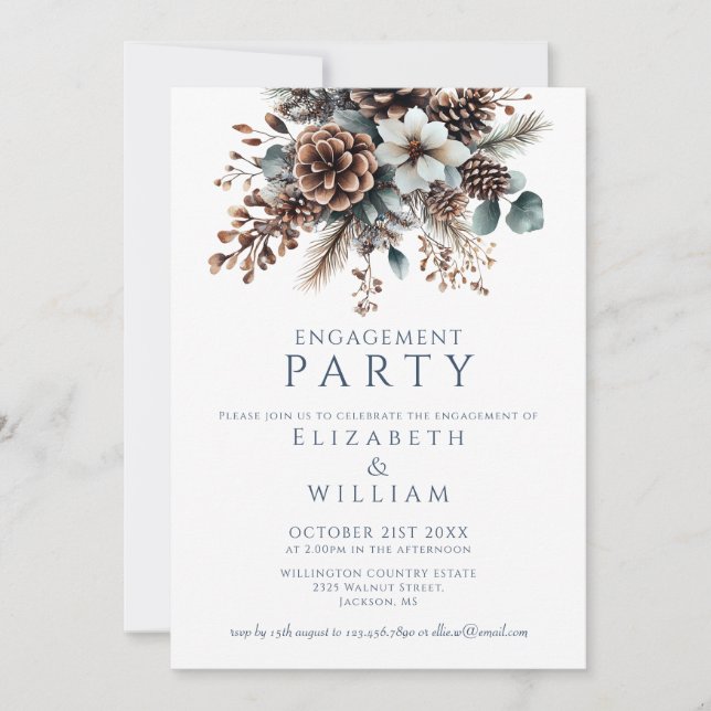 Elegant Rustic Floral Pinecone Engagement Party Invitation (Front)