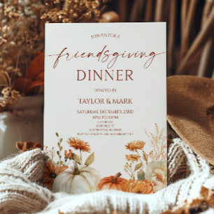 Elegant Rustic Floral Pumpkin Friendsgiving Dinner Invitation