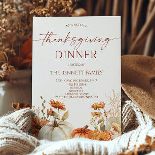 Elegant Rustic Floral Pumpkin Thanksgiving Dinner Invitation
