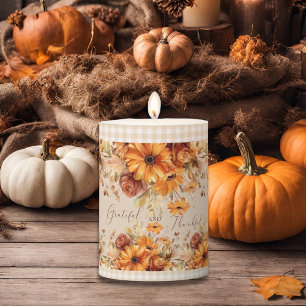 Elegant Rustic Floral Thankful and Gratetful Pillar Candle