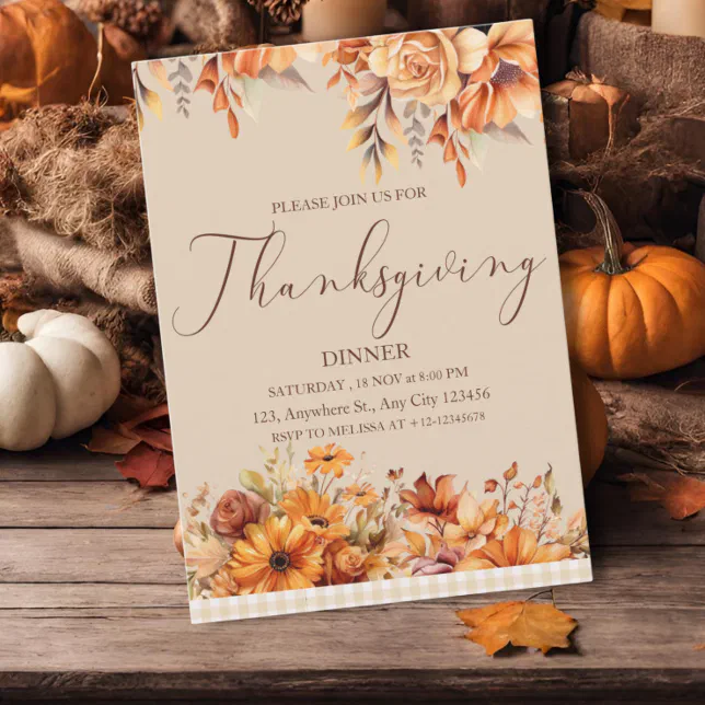 Elegant Rustic Floral Thanksgiving Dinner Invitation 