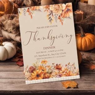 Elegant Rustic Floral Thanksgiving Dinner Invitation