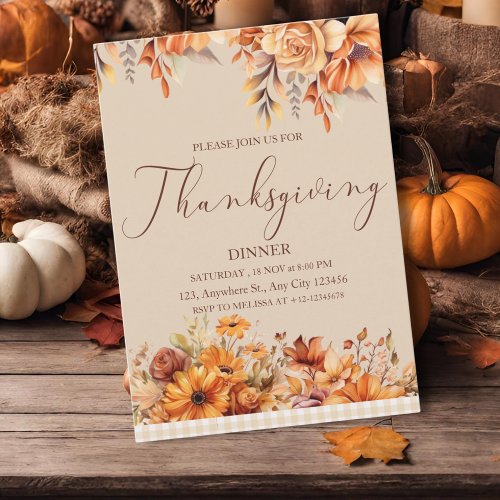 Elegant Rustic Floral Thanksgiving Dinner  Invitation