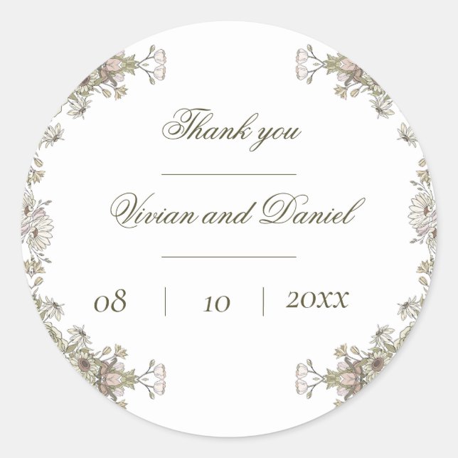 Elegant Rustic Floral Wedding Thank You Sticker (Front)