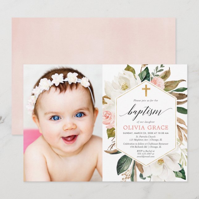Elegant rustic foliage girl baptism photo invitation (Front/Back)