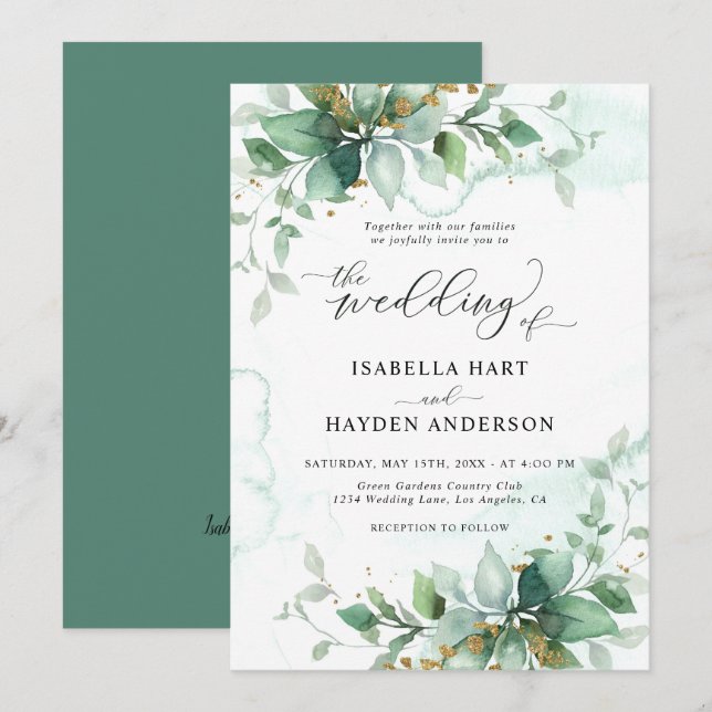 Elegant Rustic Foliage Greenery Leaves Wedding Invitation (Front/Back)