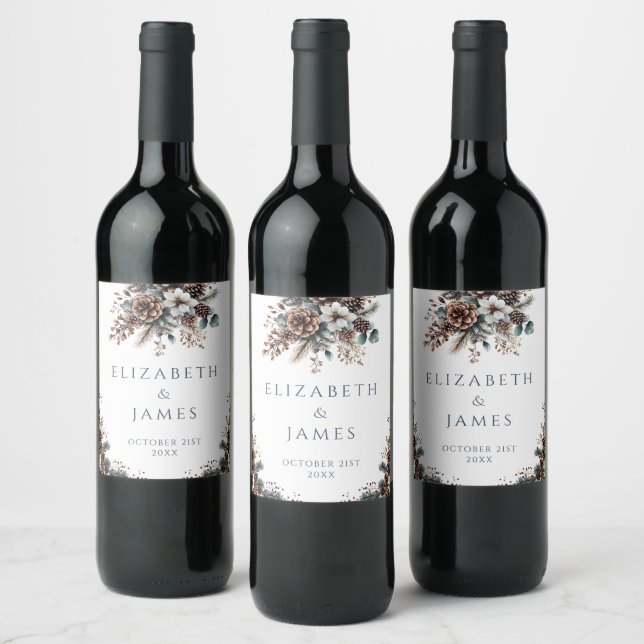 Elegant Rustic Forest Floral Pinecones Wedding Wine Label (Bottles)