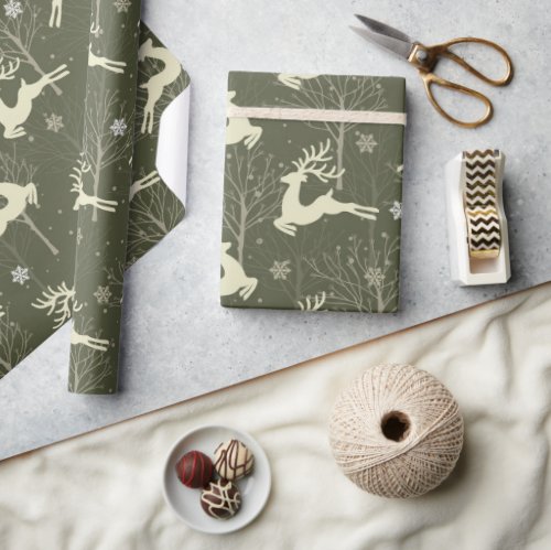 Elegant Rustic Forest Jumping Reindeer Christmas Wrapping Paper