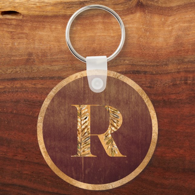 Elegant Rustic Gold & Brown Personalized Monogram Keychain (Front)