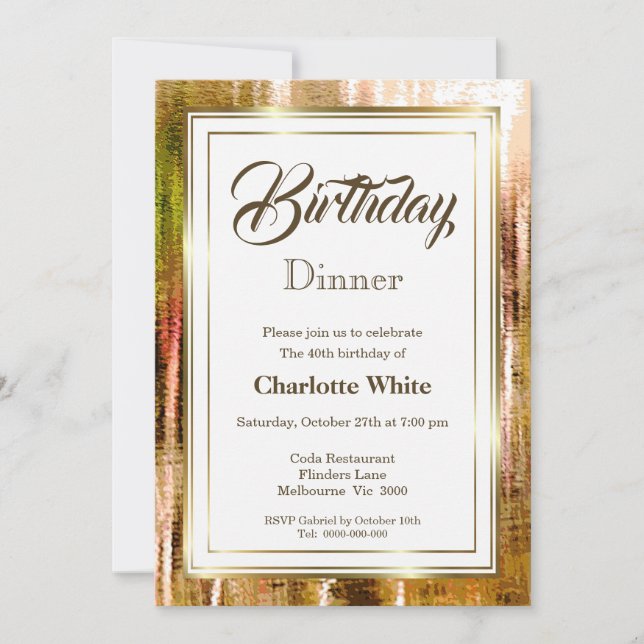 Elegant Rustic Gold Frame 40th Birthday Dinner Invitation (Front)